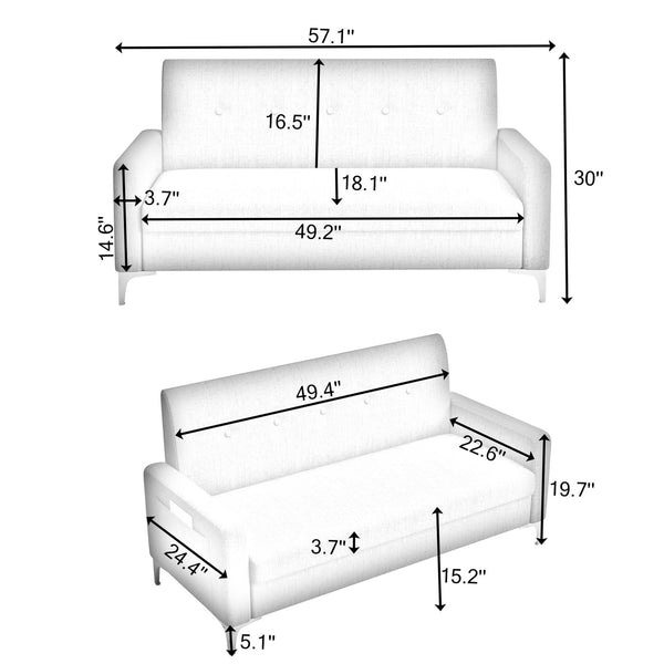 English Elm 57-inch Velvet Double Sofa with Built-In Storage, Solid Wood Frame, Silver Legs, 350lb Capacity and Modern Compact Design Blue W3356P346853
