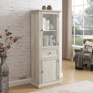 English Elm Modern Glass Storage Cabinet with Drawer & Shelves — Tall Curio Sideboard for Living, Dining, Office Elegance White W1758P294625