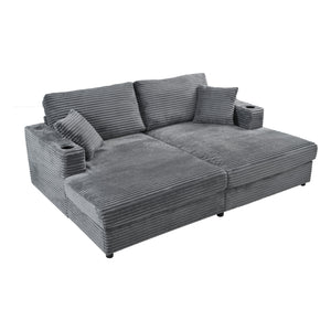 English Elm 86.5" Oversized Loveseat Chaise Lounge Sectional Sofa Bed Corduroy with USB Ports, Cup Holders & Pillows Dark Gray N719P232602R