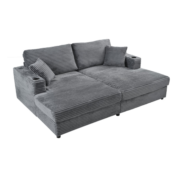 English Elm 86.5" Oversized Loveseat Chaise Lounge Sectional Sofa Bed Corduroy with USB Ports, Cup Holders & Pillows Dark Gray N719P232602R