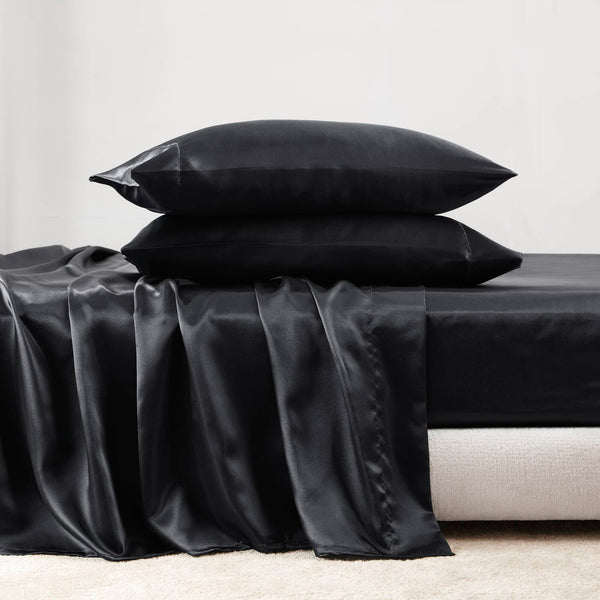 English Elm 7 Luxury Split King 7-Piece Black Satin Sheet Set – 100% Polyester, Deep Pockets, Silky Smooth Feel B035P319698