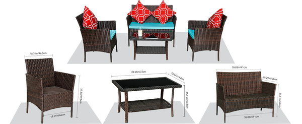 English Elm Four-Piece Outdoor Rattan Sofa Set With Emerald Green Cushions & Stylish Glass Table For Patios W3152P269438