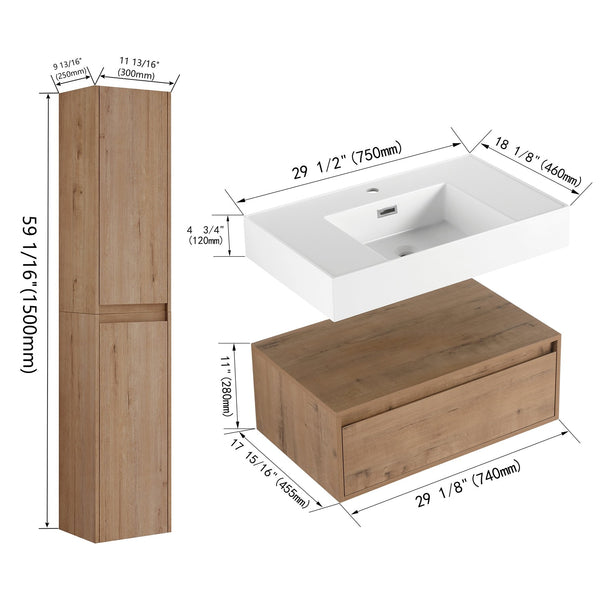 English Elm 30 Inch Wall-Mounted Bathroom Vanity Set With Resin Sink, Soft-Close Drawers & Storage Cabinets W999S00268