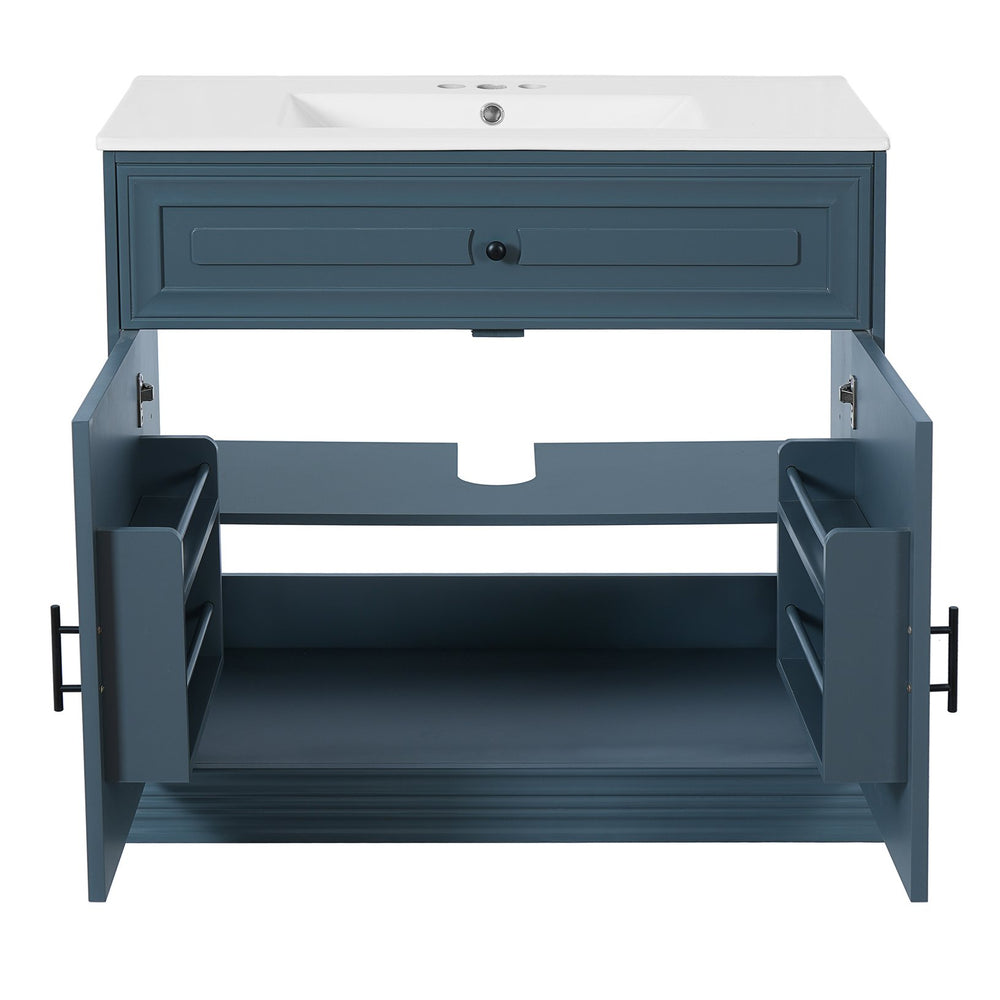 English Elm 36" Luxurious Bathroom Vanity with Ceramic Sink and Soft-Close Doors, Solid Wood Frame, Adjustable Shelves Blue N710P288944C