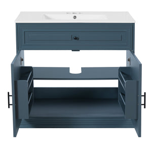 English Elm 36" Luxurious Bathroom Vanity with Ceramic Sink and Soft-Close Doors, Solid Wood Frame, Adjustable Shelves Blue N710P288944C