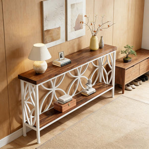 English Elm Coffee Console Table Industrial Metal Frame Vintage Wood Grain 2 Tier Entryway Sofa Rustic,White T3971P446786
