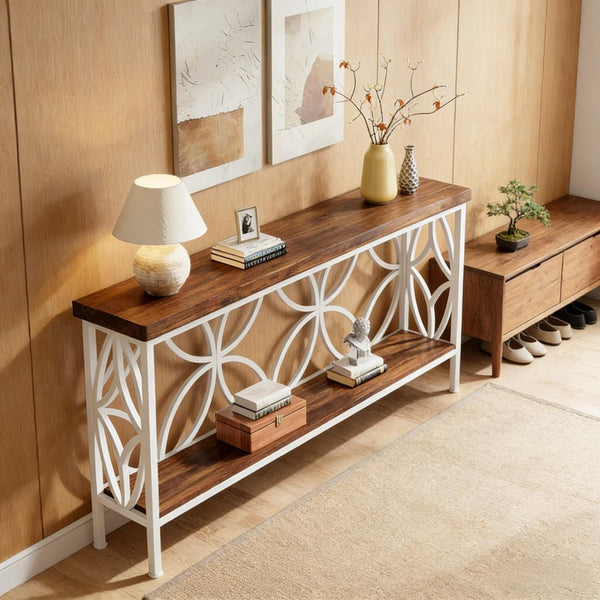 English Elm Coffee Console Table Industrial Metal Frame Vintage Wood Grain 2 Tier Entryway Sofa Rustic,White T3971P446786