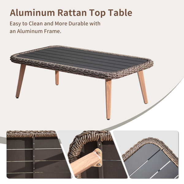 English Elm Patio Handwoven Rattan 4-Piece Conversation Set with Thick Cushions, Aluminum Frame, Khaki Weatherproof loveseat and table W1859S00086