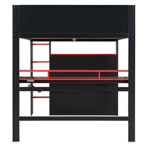 English Elm Full Size Gaming Bunk Bed with Rgb Lighting Integrated Desk Wardrobe and Storage Red LT100266AAR