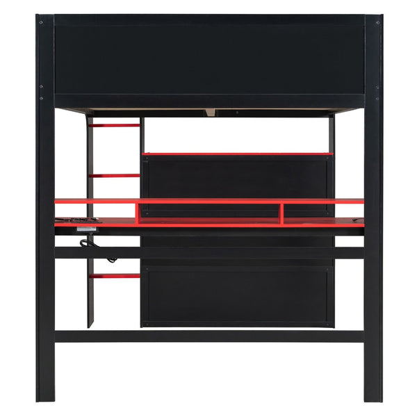 English Elm Full Size Gaming Bunk Bed with Rgb Lighting Integrated Desk Wardrobe and Storage Red LT100266AAR