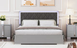 English Elm Queen Size Upholstered Bed With Led Lights,Modern Platform Bed With Velvet Headboard,Grey