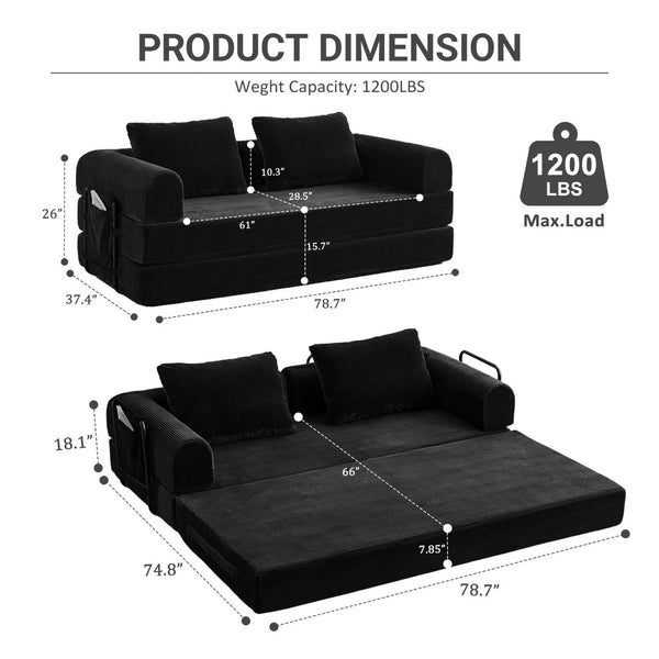English Elm Convertible Corduroy Sleeper Sofa Foldable Three Seat Couch for Studio or Bedroom Black W3366P447116