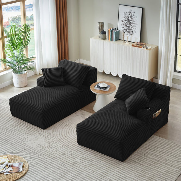 English Elm Compressible Corduroy Double Chaise Lounge with Cupholders, No Assembly, Spring-Padded Comfort Sleeps 94 Black W2339P346397