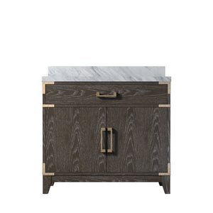 English Elm Brown Oak Single Bath Vanity With Carrara Marble Top, Elegant Design, Soft-Close Doors & Storage Solutions B2731P259775