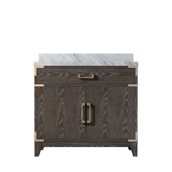 English Elm Brown Oak Single Bath Vanity With Carrara Marble Top, Elegant Design, Soft-Close Doors & Storage Solutions B2731P259775