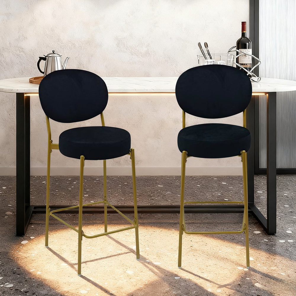 English Elm 2-Pack Modern Velvet Bar Stools Gold Frame Black Seat — Plush Ergonomic Low Back Counter Seating Set W1757P387424