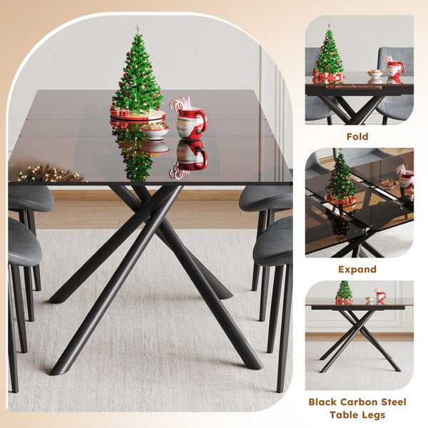 English Elm 59-inch Expandable Glass Top Dining Set Seats 8 with Upholstered Chairs X-base W2700S00082