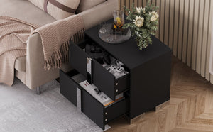 English Elm Modern Two Drawer Nightstand with Slim Metal Legs and Mirrored Bar Handles for Bedroom Black W5271P416540
