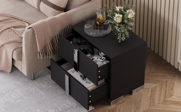 English Elm Modern Two Drawer Nightstand with Slim Metal Legs and Mirrored Bar Handles for Bedroom Black W5271P416540