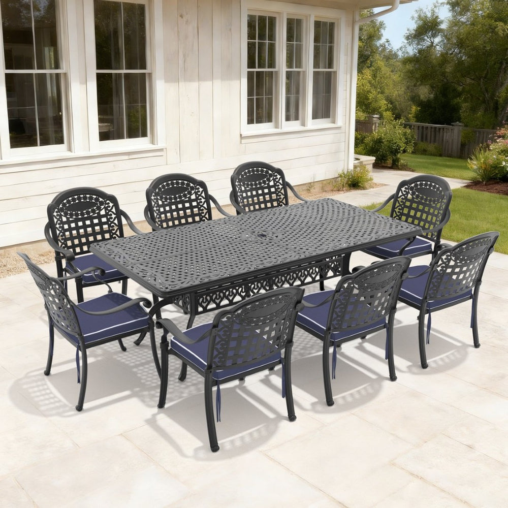 English Elm 9-piece Cast Aluminum Outdoor Dining Set with Carved Patterned Chairs and Weather Resistant Frame W1710S00647