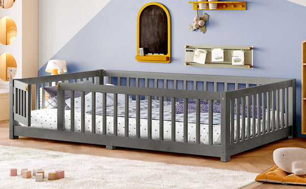 English Elm Twin Floor Bed Solid Pine Frame with Guardrails and Door for Safe Kid Sleep W1580P433578