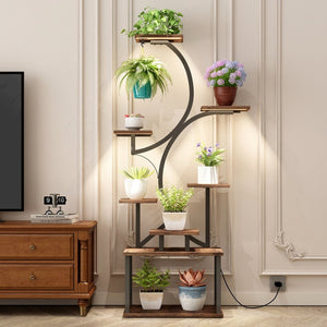 English Elm Plant Stand with Full Spectrum Grow Lights 8 Tier S Shaped Iron Corner Display Rack Black+Brown W2641P446499