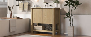 English Elm Christopher Knight Home® - 36" Modern Wall-Mounted Bathroom Vanity with Ceramic Sink, Soft-Close Doors, Fluted Accent & Open Shelves Antique Natural N817P245321N