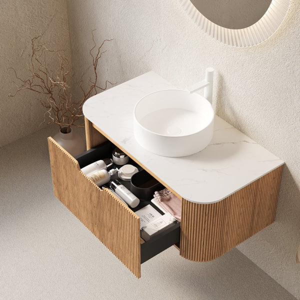 English Elm Dina Floating Bathroom Vanity Sintered Stone Top Glass Basin Striped Plywood Cabinet W2615S00438