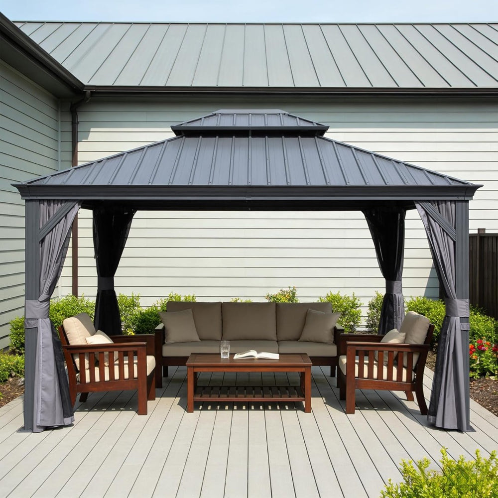 English Elm 13x13ft Hardtop Gazebo Galvanized Steel Vented Double Roof with Curtains Netting Patio Gray W1859S00201