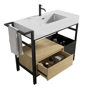 English Elm FORTE 36" Industrial Modular Bathroom Vanity with Durable Metal Frame, Quartz Basin, Soft-Close Drawer Oak,White W1865S00177