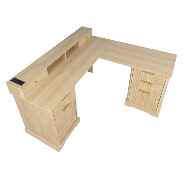 English Elm 59" Fluted Oak L-shaped Corner Desk with Charging Station Monitor Stand and File Storage Light Oak W2917S00005