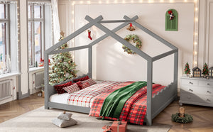 English Elm Queen House Bed Frame Solid Pine Low Profile Montessori Floor Design for Kids Room W1580P387854