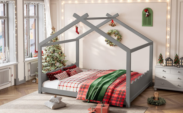 English Elm Queen House Bed Frame Solid Pine Low Profile Montessori Floor Design for Kids Room W1580P387854