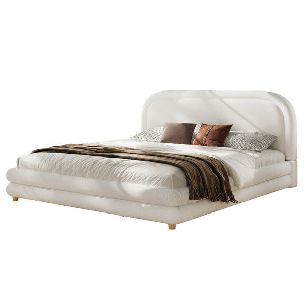 English Elm King Boucle Upholstered Bed Sculptural Arch Frame Solid Wood Legs Plush Headboard N757K371804W