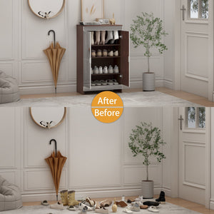 English Elm Elegant Mirrored Cabinet with Frosted Glass Carvings, Vertical Shoe Storage, Silver Handles 49x16x8" W760P196538