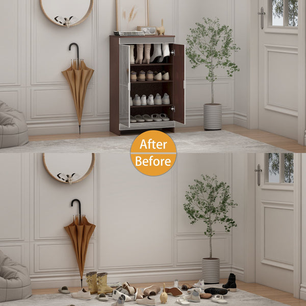 English Elm Elegant Mirrored Cabinet with Frosted Glass Carvings, Vertical Shoe Storage, Silver Handles 49x16x8" W760P196538