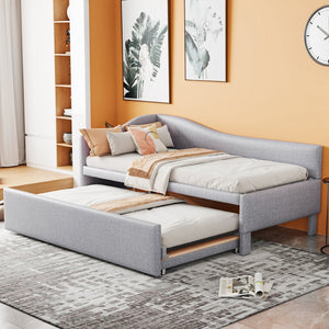 English Elm Twin L-shaped Linen Upholstered Daybed with Hydraulic Pop-up Trundle for Guest Rooms Gray SF000193AAE-1