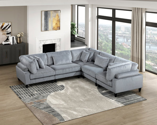 English Elm 5pc Modular Sectional Sofa Set in Corduroy Upholstery with Ottoman & Accent Pillows, Modern Luxe Gray 40 L x 40 W x 17 H B011S01561