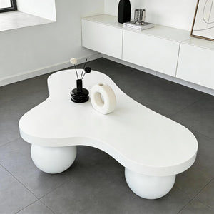 English Elm 46 Inch Cloud Shaped Coffee Table with Ash Veneer Top and Sculptural Sphere Legs White W3935S00007