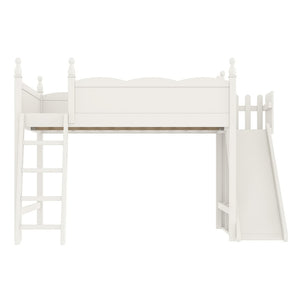 English Elm Queen Solid Pine Loft Bed with Wardrobe Shelves Detachable Slide and Dual Sleeping Zones Beige W5305S00028