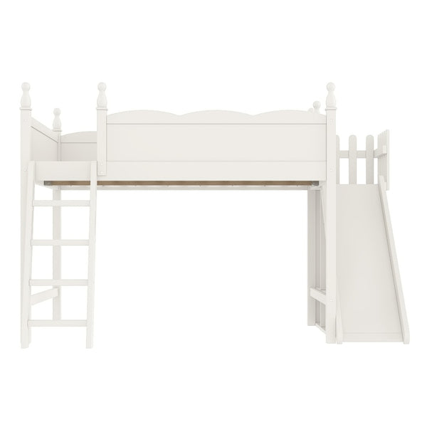 English Elm Queen Solid Pine Loft Bed with Wardrobe Shelves Detachable Slide and Dual Sleeping Zones Beige W5305S00028