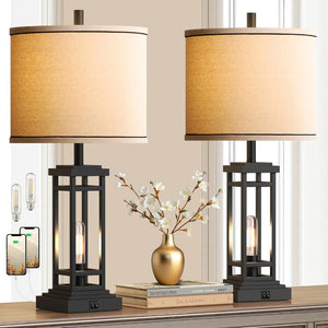 English Elm 27.5 Inch Farmhouse Bronze Table Lamp Set with Usb Charging Ports for Bedroom Decor W3355P440796