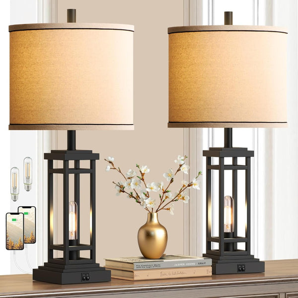 English Elm 27.5 Inch Farmhouse Bronze Table Lamp Set with Usb Charging Ports for Bedroom Decor W3355P440796