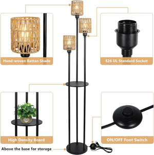 English Elm Boho 3-Light Floor Lamp with Shelf, Rattan Shades Rustic Tall Standing Lamp with Foot Switch W2738P185405
