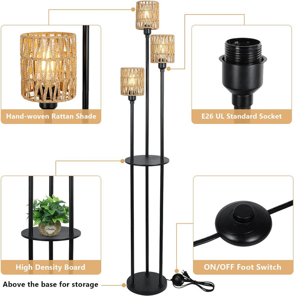English Elm Boho 3-Light Floor Lamp with Shelf, Rattan Shades Rustic Tall Standing Lamp with Foot Switch W2738P185405