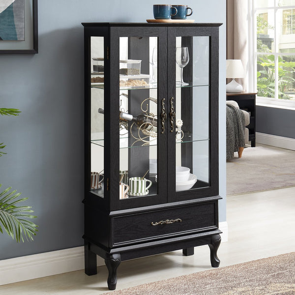 English Elm Lighted Curio Cabinet with Vintage Carved Handles, LED Display, Adjustable Shelves & Hidden Drawer 40" W2275P389711