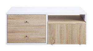 English Elm Verux High Gloss Finish Coffee Table with Four Drawers, Pull-Out Table, Chrome Legs, Modern MDF White 50.78 L x 27.75 W x 9 H B2726P244384