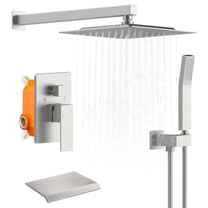 English Elm Rain 10-Inch Square Shower System with Waterfall Tub Spout, Handheld Sprayer, Pressure-Balanced Valve Combo Brushed Nickel T3177P269100