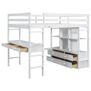 English Elm Full Loft Bed with Built-in Desk, 4 Drawers, 6 Shelves, Pine/MDF White — Space-Saving Study Loft SM000320AAK
