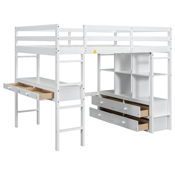 English Elm Full Loft Bed with Built-in Desk, 4 Drawers, 6 Shelves, Pine/MDF White — Space-Saving Study Loft SM000320AAK